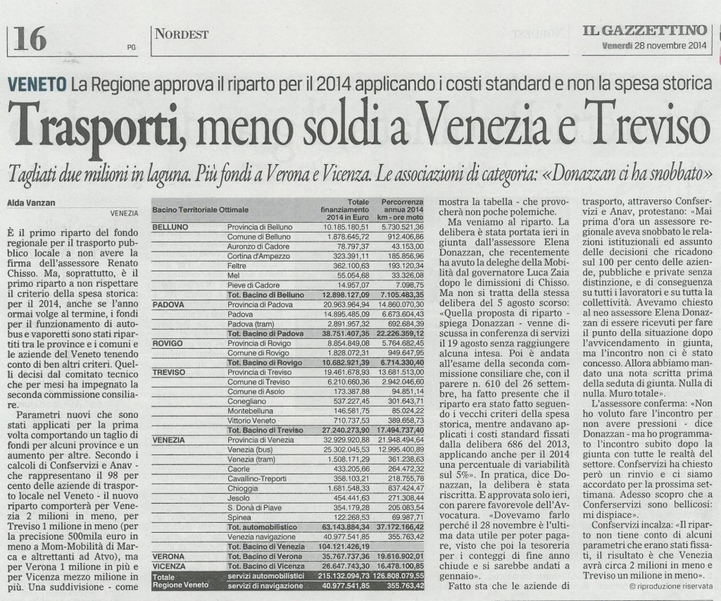 Il Gazzettino - 28/11/2014 - Trasporti, meno soldi a Venezia e Treviso